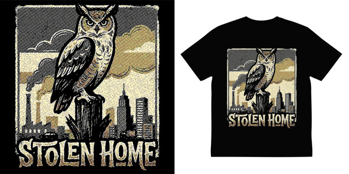 Stolen Home Owl Halftone T-Shirt Design with Deforestation Industrial Factory Smoke and City Skyline Concept