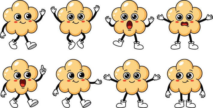 Cute flower cloud character vector collection set with funny cartoon mascots showing diverse emotions walking waving and smiling isolated on white background