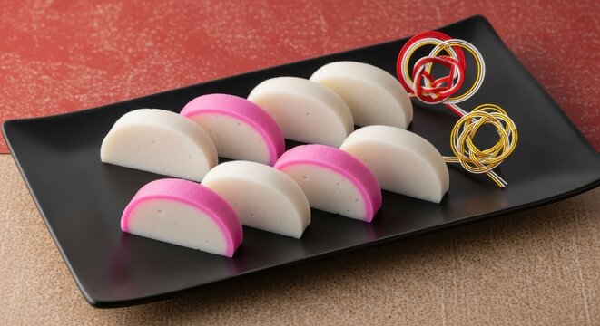 Slices of kamaboko fish cake served on a black rectangular plate with decorative mizuhiki ornaments