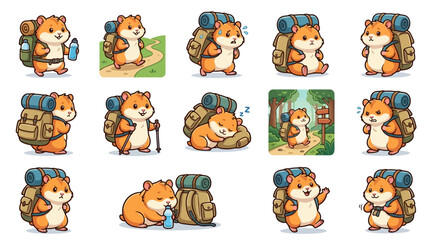 Cartoon hamster with backpack hiking outdoor. © monkey