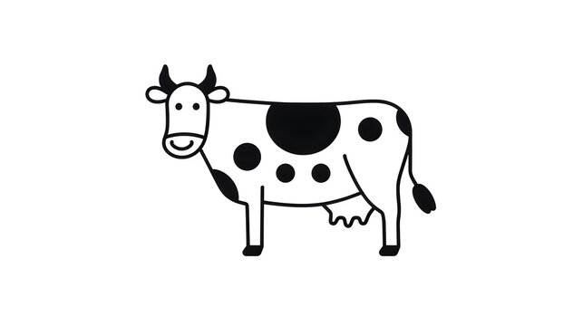 Cute Cartoon Holstein Cow Standing Isolated on White Background, Simple Line Art