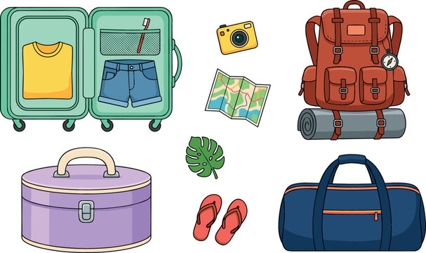 Travel baggage and luggage vector collection with open suitcase backpack duffel bag hat box camera map flip flops and holiday vacation packing elements.