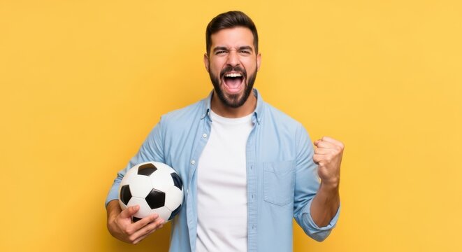Excited young man holding a soccer ball and celebrating victory against a yellow background