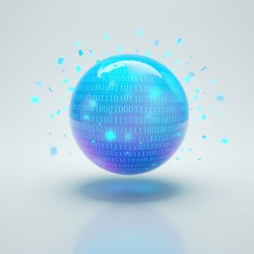 Glowing sphere contains binary code. Digital data floats around it. Reflective surface suggests futuristic technology, innovation.