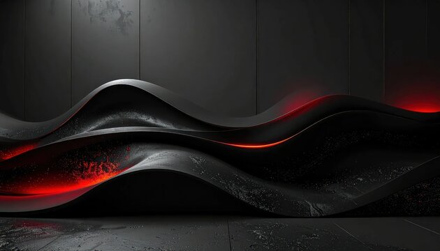 Abstract black waves with glowing red light and particles