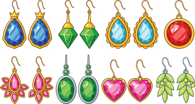 Elegant earrings jewelry vector collection set featuring diverse gold and silver drop earrings with colorful gemstones pearls and heart charms isolated on white background