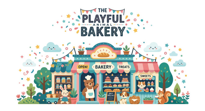 A charming vector illustration of 'The Playful Animal Bakery' storefront, featuring friendly animal bakers like a bear, cat, and rabbit.