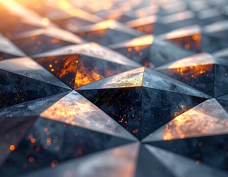 A close-up of a geometric pattern with triangular facets reflecting light