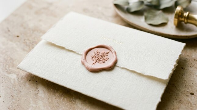 Elegant Handmade Paper Envelope with Pink Wax Seal and Gold Foil For You Lettering on Travertine Stone Surface