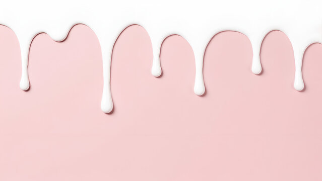 Thick white liquid paint or cream dripping down on a solid pastel pink background, creating a smooth, abstract pattern of, vertical flowing lines