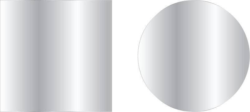Set of two metallic silver shapes, a square and a circle, with a glossy gradient finish