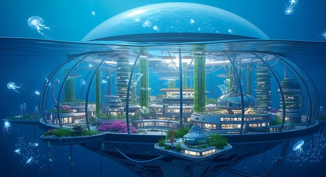 Futuristic underwater city inside a giant glass dome in the deep ocean