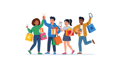 Fototapeta premium Group of diverse friends joyfully carrying colorful shopping bags.
