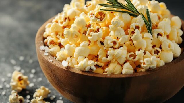 selective focus herb seasoned popcorn rosemary thyme sea salt close up bowl golden snack