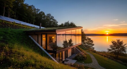 Fototapeta premium Modern house with glass walls overlooking a calm lake during a beautiful sunset
