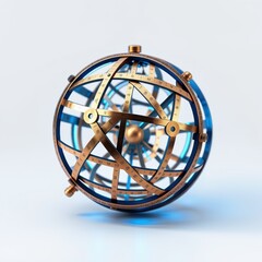 Fototapeta premium Intricate brass astrolabe. Detailed spherical instrument. Golden rings, blue interior. Precision tool, historical artifact, science object.