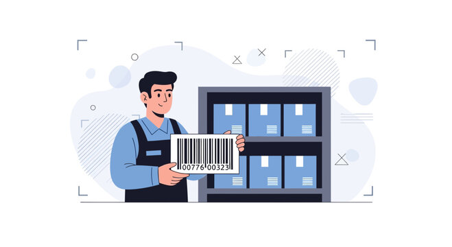 Warehouse Worker Holding Barcode Next to Shelf with Boxes, Vector Illustration