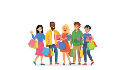 Obraz premium Diverse group of friends shopping together with colorful shopping bags in a casual outing.