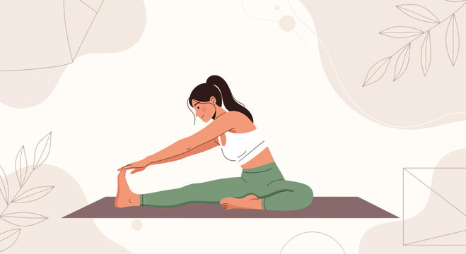 Woman doing yoga Janu Sirsasana pose, stretching her legs and body in a calm, minimalist flat design illustration with soft natural elements.