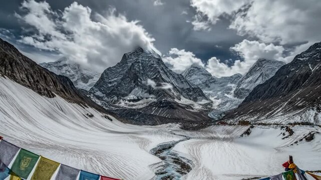 Epic scenic view of a majestic snow-capped mountain range under a dramatic cloudy sky with prayer flags