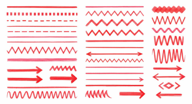 Set of handdrawn red line elements and arrows
