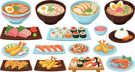 Japanese cuisine food vector collection set featuring delicious sushi maki rolls ramen noodle bowls sashimi tempura gyoza dumplings and shrimp dishes isolated on white background © Kuddus