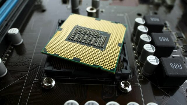 A captivating close up view shows central processing unit placed on motherboard, ready for integration into a computer system.