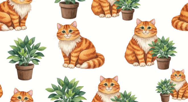 Seamless pattern of cute ginger cats and potted plants