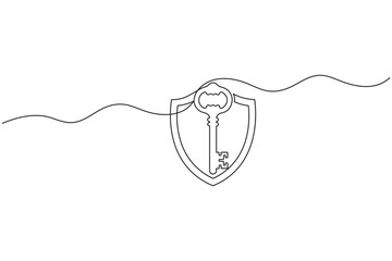 Fototapeta premium Shield key one line art minimalist continuous one line drawing safety protection guard security access symbol vector illustration