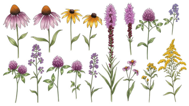 Native Prairie Wildflowers Vector Collection Echinacea Clover Goldenrod Meadow Flowers