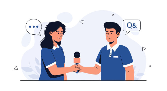 Journalist interviewing man with microphone, representing Q&A and communication concept, vector illustration