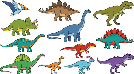 Cartoon dinosaur vector collection set featuring colorful jurassic prehistoric reptiles pterodactyl tyrannosaurus rex triceratops and stegosaurus isolated on white background © Kuddus