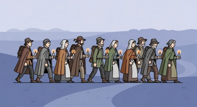 A diverse group of pilgrims or travelers walking in a line on a journey across a stylized landscape.