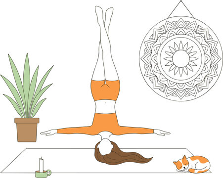 Woman doing shoulder stand yoga pose vector illustration on mat at home with cat and plant