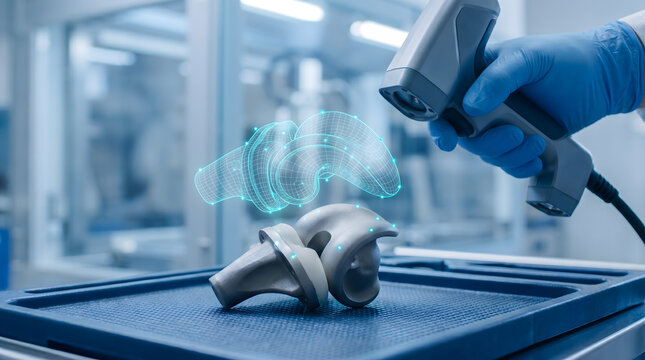 Gloved hand scanning metal prosthetic with 3d scanner in lab
