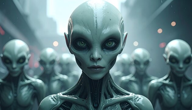 A close-up of a humanoid alien with large, green eyes and a bald head, surrounded by similar beings in a dark urban setting