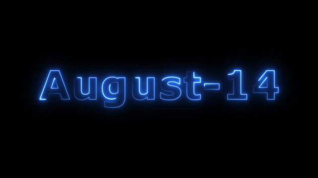 Glowing blue color neon text August month's 14 date calendar icon concept 4k animation, on black background.