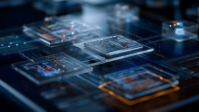 Close up view of computer processor chip with circuit patterns.