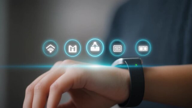Close-up of a person's hand wearing a smartwatch with floating icons in a dark room
