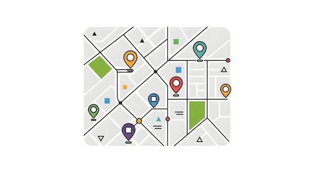 Smart city map plan illustration, minimalist flat vector top view navigation dashboard grid with colorful GPS location pin pointers isolated on a white background