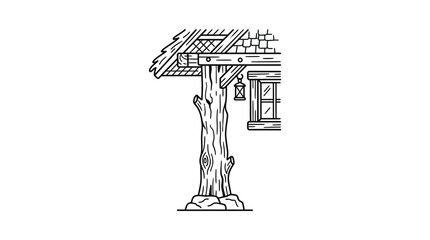 Hand drawn sketch of a rustic wooden cabin porch with a tree trunk pillar. © Joko santoso