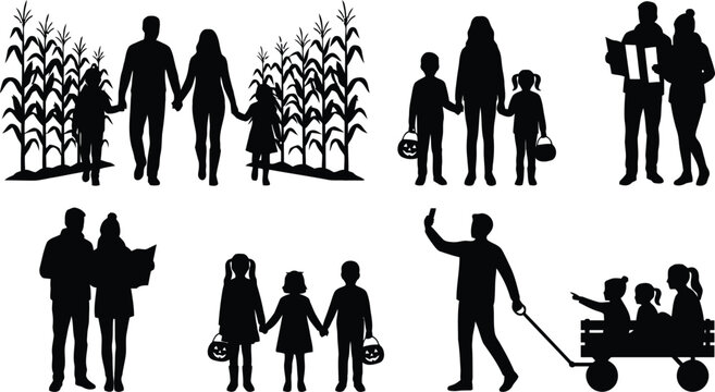 Halloween families trick or treating together