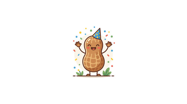 Cute Happy Peanut Character Celebrating with Party Hat and Confetti
