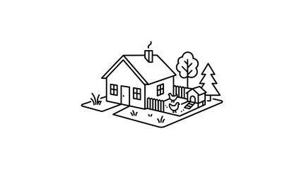 A simple line art illustration of a cozy farmhouse with a chicken coop and trees. © Joko santoso