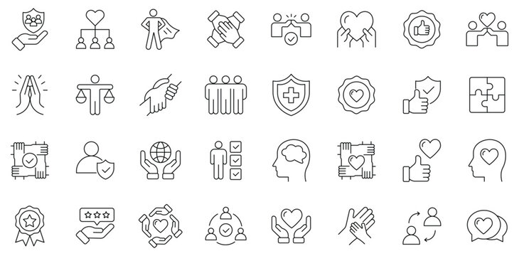 Core values line icons set, 32 business ethics and corporate social responsibility symbols, thin stroke integrity and teamwork vector collection