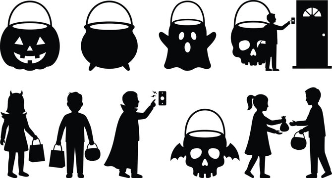 Halloween kids trick or treating with jack o lanterns