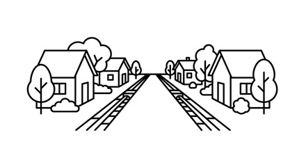 A simple line art illustration of a suburban street with houses and trees. © Joko santoso