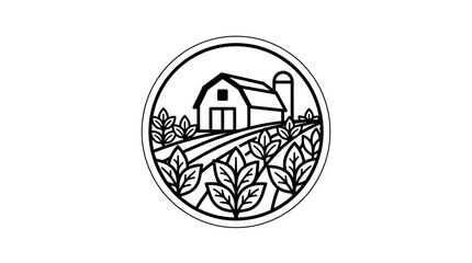 Minimalist circular logo featuring a rustic farm barn and cultivated crop fields. © Joko santoso