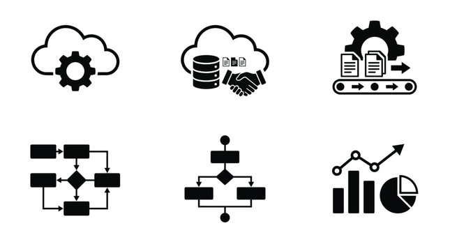 Business process data management icons collection featuring handshake cloud, gear workflow, cloud sync, flowchart, network structure, charts graphs, analytics, automation, collaboration, performance m