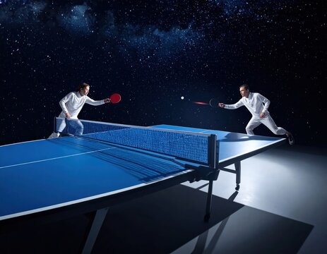 Two people play table tennis on a blue table under a starry sky